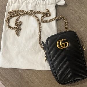 Gucci Black Chevron Crossbody Bag with Gold Chain